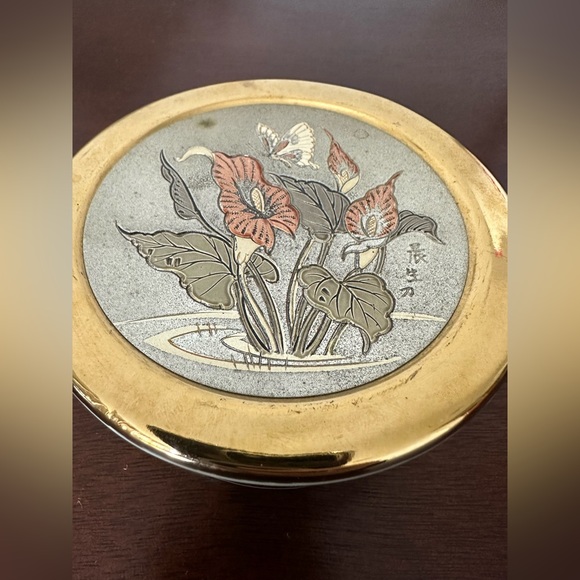 The Art Of Chokin Jewelry Dish 24k Gold Trim W/Butterfly &  Lillys. - Picture 3 of 7